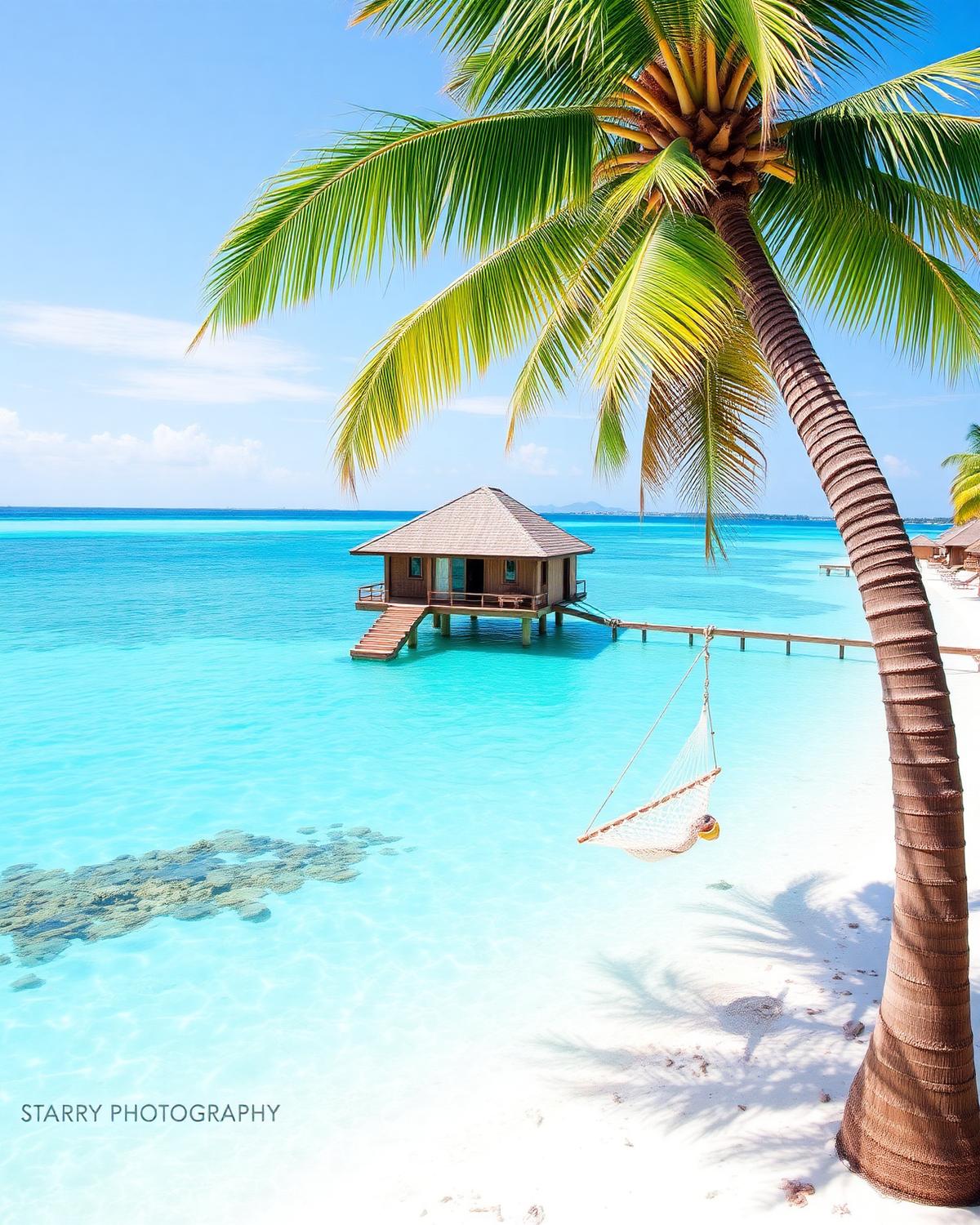 Overwater bungalow with hammock above turquoise water