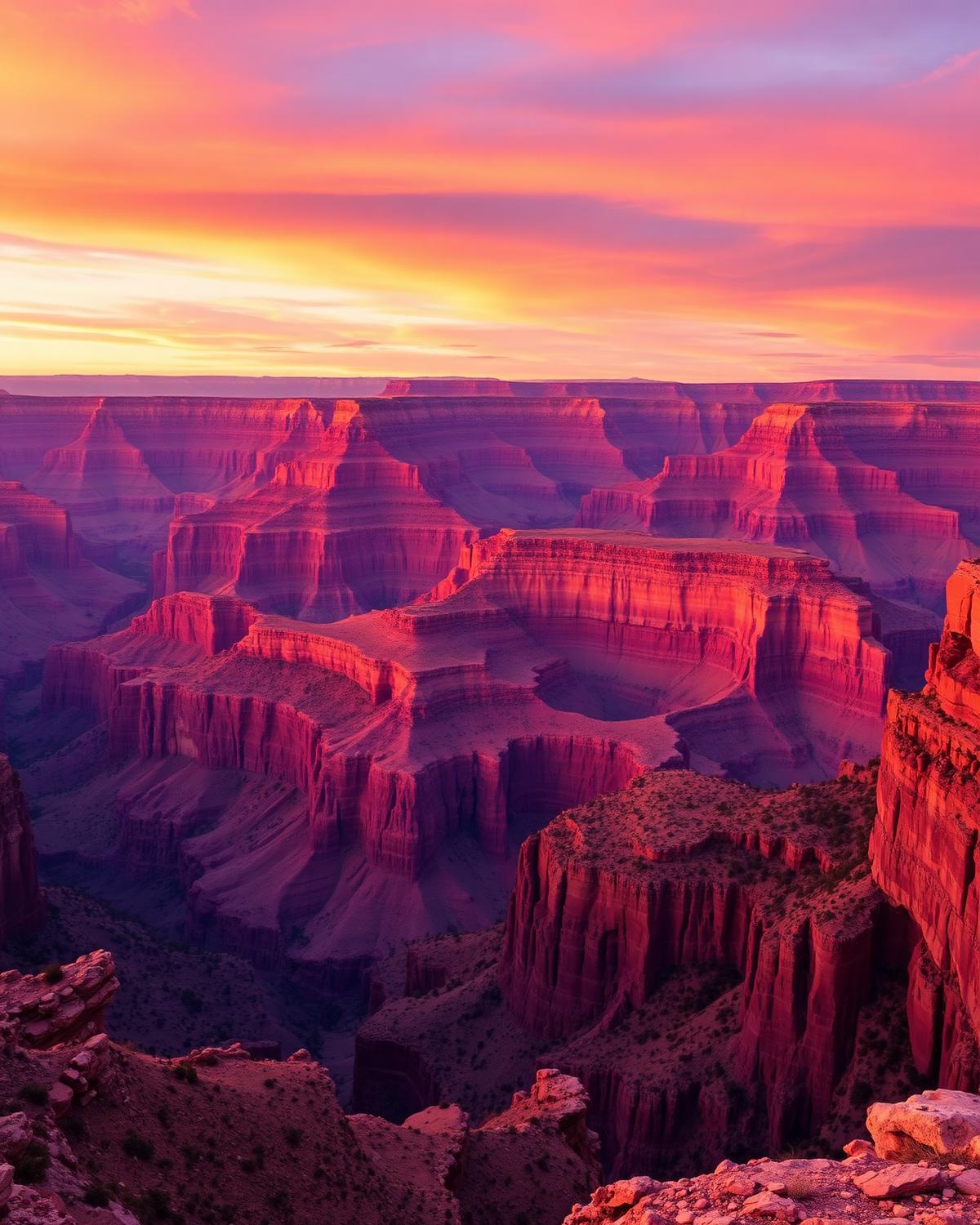 Grand Canyon at sunset with warm orange and pink hues