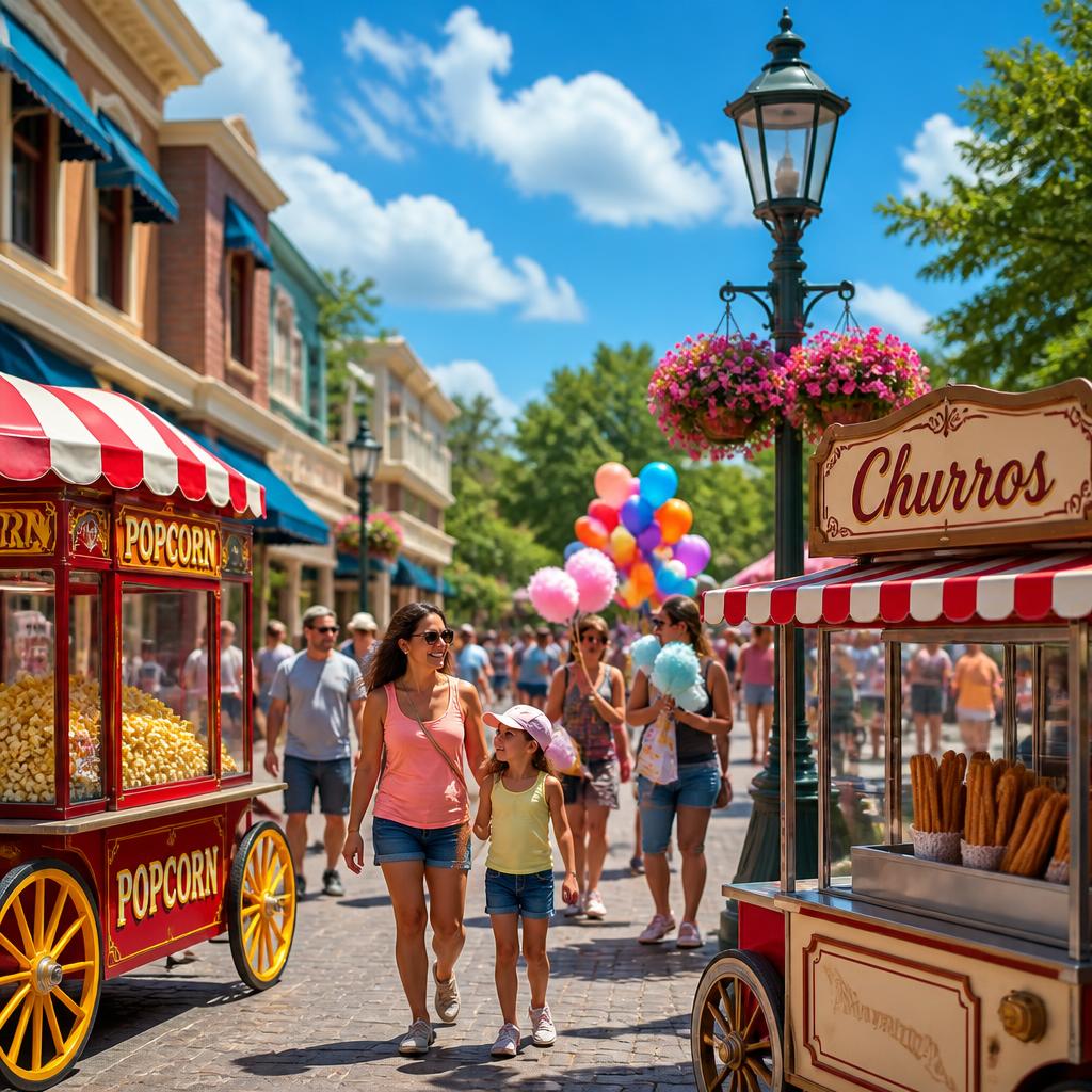 Bright, cheerful American theme park Main Street with popcorn and churro carts, colorful balloons, cotton candy, and happy families under a sunny blue sky