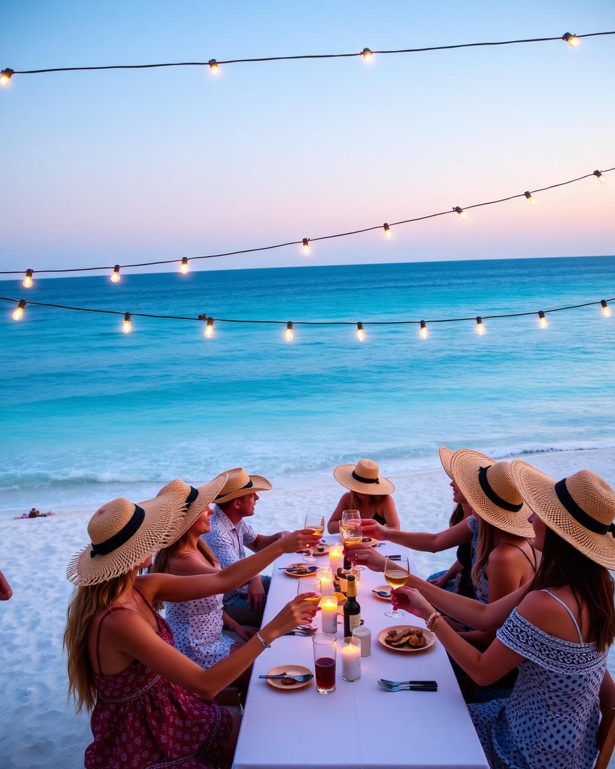 Group celebrating at a beachside dinner with string lights at dusk