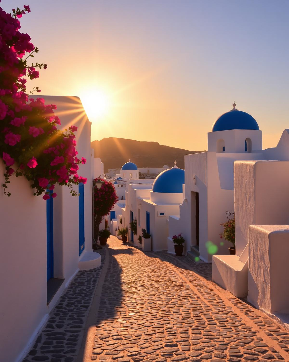Whitewashed Greek village with blue domes at golden hour